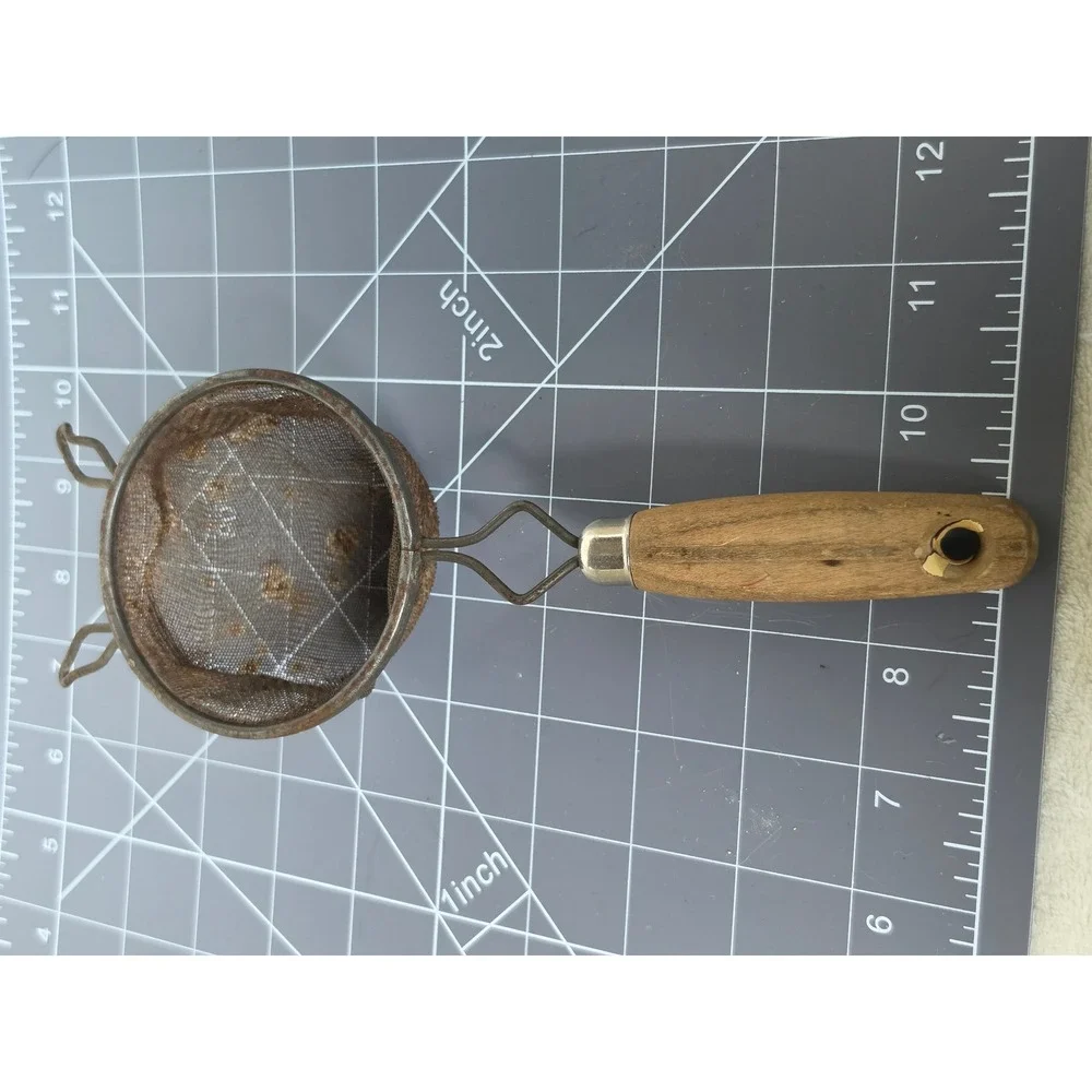 Vintage Wire Mesh Kitchen Strainer Small Wood Handle Primitive Farmhouse Decor